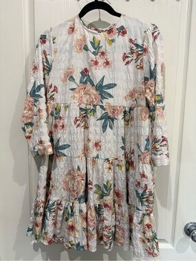 Zara White Tiered Dress with Pink Floral & Green Leaves